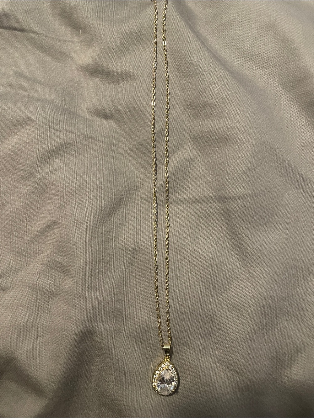 Gold Teardrop Pendant Necklace with Clear Stone